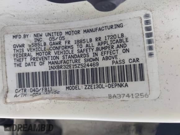 2005 Toyota Corolla CE с VIN 1NXBR32E15Z524469, выставлен на аукционе IAAI как лот 43523849 с пробегом 265 378 миль миль и . История ставок и продаж доступна на DreamBid. Изображение 9.