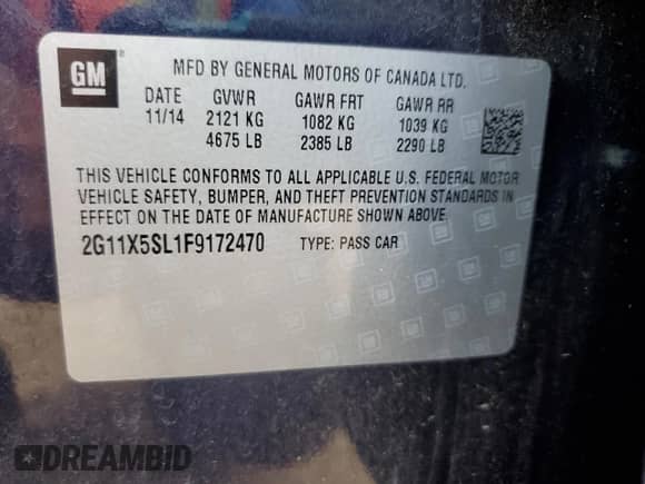 2015 Chevrolet Impala LS с VIN 2G11X5SL1F9172470, выставлен на аукционе Copart как лот 64385465 с пробегом 152 550 миль миль и Списание • Salvage title. История ставок и продаж доступна на DreamBid. Изображение 12.
