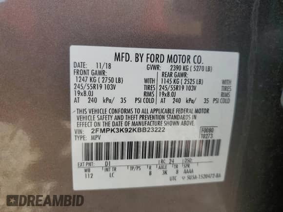 2019 Ford Edge Titanium with VIN 2FMPK3K92KBB23222, listed as a Copart auction lot 86527245 with 64,990 mi miles and Salvage title. Bid and sale history available at DreamBid. Image 12.