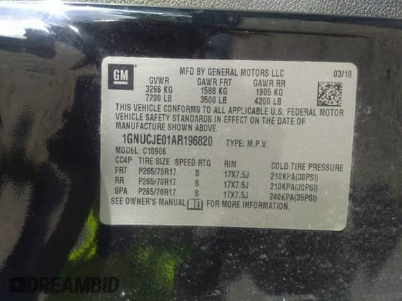 2010 Chevrolet Suburban LT z VIN 1GNUCJE01AR196820, wystawiony jako IAAI lot #40713946 z przebiegiem 234 838 mil mil oraz . Historia ofert i sprzedaży dostępna na DreamBid. Obrazek 9.