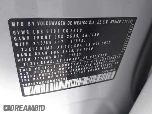 2019 Volkswagen Tiguan S с VIN 3VV1B7AX5KM050798, выставлен на аукционе IAAI как лот 41489331 с пробегом 45 000 миль миль и . История ставок и продаж доступна на DreamBid. Изображение 9.