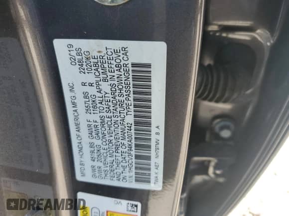 2019 Honda Accord Touring с VIN 1HGCV3F94KA007442, выставлен на аукционе Copart как лот 68885735 с пробегом 98 620 миль миль и На запчасти • Non repairable. История ставок и продаж доступна на DreamBid. Изображение 12.