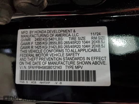 2025 Honda Passport EX-L с VIN 5FNYF8H58SB012143, выставлен на аукционе Copart как лот 60913695 с пробегом 2 411 миль миль и Списание • Salvage title. История ставок и продаж доступна на DreamBid. Изображение 13.