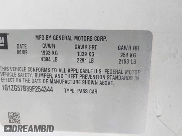 2009 Chevrolet Malibu 1LS with VIN 1G1ZG57B39F254344, listed as a IAAI auction lot 43188581 with 114,995 mi miles and . Bid and sale history available at DreamBid. Image 9.