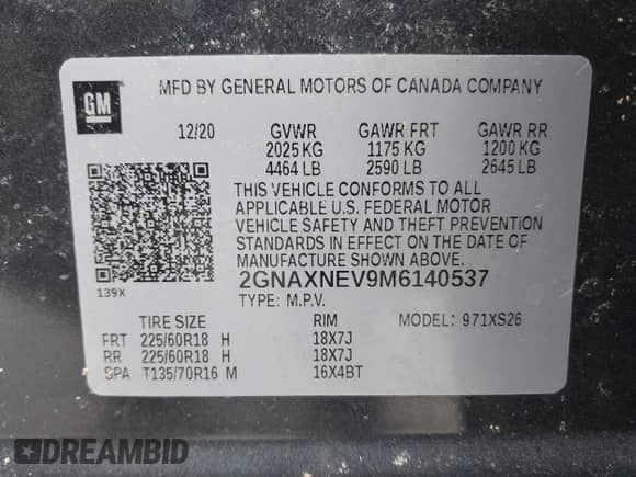 2021 Chevrolet Equinox Premier with VIN 2GNAXNEV9M6140537, listed as a IAAI auction lot 42016514 with 52,237 mi miles and . Bid and sale history available at DreamBid. Image 9.