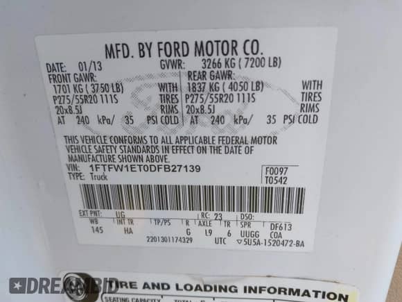 2013 Ford F-150 XL с VIN 1FTFW1ET0DFB27139, выставлен на аукционе IAAI как лот 42792166 с пробегом 238 107 миль миль и . История ставок и продаж доступна на DreamBid. Изображение 9.