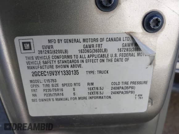 2000 Chevrolet Silverado 1500 with VIN 2GCEC19V3Y1330135, listed as a IAAI auction lot 43507774 with Not provided miles and . Bid and sale history available at DreamBid. Image 9.