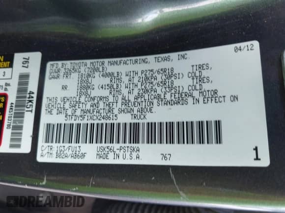 2012 Toyota Tundra с VIN 5TFDY5F1XCX248615, выставлен на аукционе IAAI как лот 43421269 с пробегом 309 736 миль миль и . История ставок и продаж доступна на DreamBid. Изображение 9.