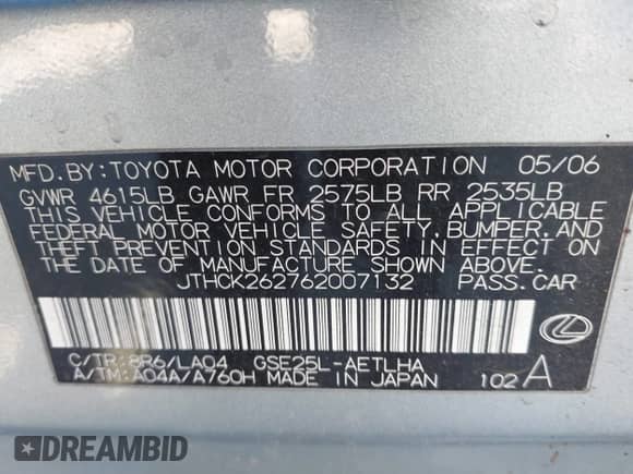 2006 Lexus IS 250 с VIN JTHCK262762007132, выставлен на аукционе IAAI как лот 43480007 с пробегом 256 132 миль миль и . История ставок и продаж доступна на DreamBid. Изображение 9.