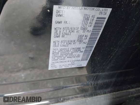 2017 Nissan Pathfinder SV z VIN 5N1DR2MN1HC614098, wystawiony jako IAAI lot #41385181 z przebiegiem 168 114 mil mil oraz . Historia ofert i sprzedaży dostępna na DreamBid. Obrazek 9.