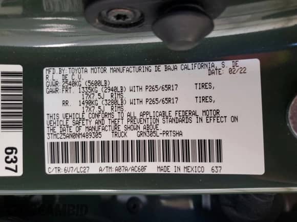 2022 Toyota Tacoma TRD Off Road z VIN 3TMCZ5AN0NM489305, wystawiony jako Copart lot #85562145 z przebiegiem 63 902 mil mil oraz Szkoda całkowita • Salvage title. Historia ofert i sprzedaży dostępna na DreamBid. Obrazek 12.