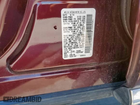 2014 Nissan Murano S с VIN JN8AZ1MU0EW418077, выставлен на аукционе Copart как лот 68631485 с пробегом 134 436 миль миль и Списание • Salvage title. История ставок и продаж доступна на DreamBid. Изображение 13.