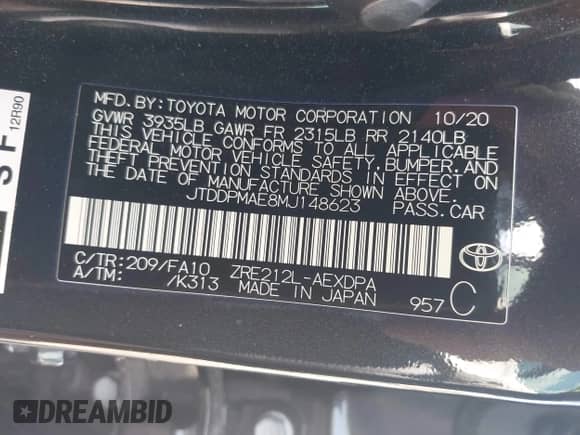 2021 Toyota Corolla L with VIN JTDDPMAE8MJ148623, listed as a IAAI auction lot 42423111 with 131,460 mi miles and . Bid and sale history available at DreamBid. Image 9.