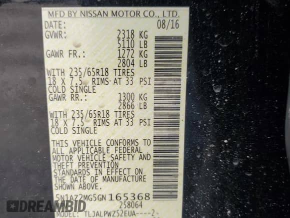 2016 Nissan Murano Platinum z VIN 5N1AZ2MG5GN165368, wystawiony jako Copart lot #70327355 z przebiegiem 208 674 mil mil oraz Szkoda całkowita • Salvage title. Historia ofert i sprzedaży dostępna na DreamBid. Obrazek 12.