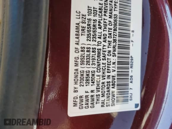 2007 Honda Odyssey EX-L с VIN 5FNRL38727B090653, выставлен на аукционе Copart как лот 85742435 с пробегом 210 125 миль миль и Списание • Salvage title. История ставок и продаж доступна на DreamBid. Изображение 13.