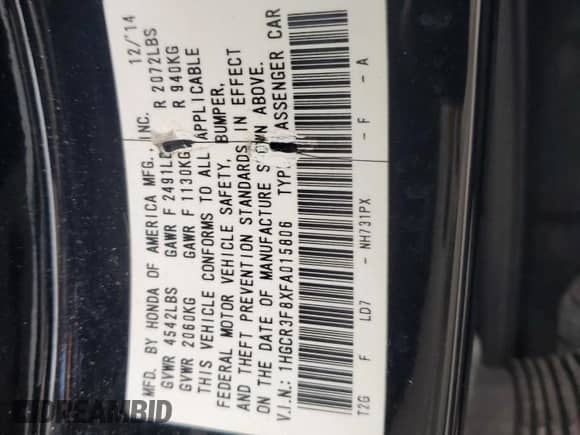 2015 Honda Accord EX-L с VIN 1HGCR3F8XFA015806, выставлен на аукционе Copart как лот 84759725 с пробегом 142 331 миль миль и Списание • Salvage title. История ставок и продаж доступна на DreamBid. Изображение 12.