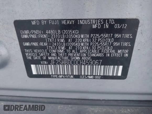 2012 Subaru Forester X Premium z VIN JF2SHBDC0CH459067, wystawiony jako IAAI lot #43386560 z przebiegiem 181 633 mil mil oraz . Historia ofert i sprzedaży dostępna na DreamBid. Obrazek 9.