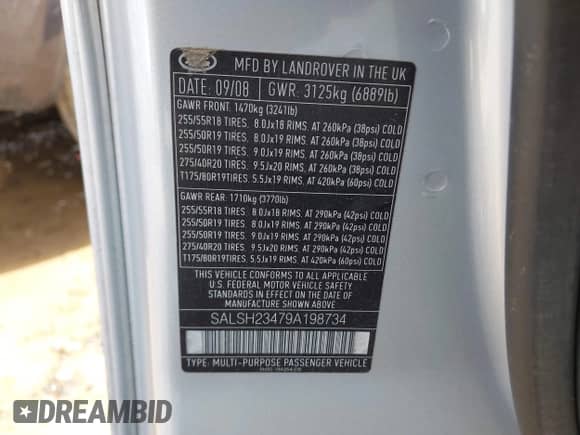 2009 Land Rover Range Rover Sport SC with VIN SALSH23479A198734, listed as a IAAI auction lot 42871717 with 108,154 mi miles and . Bid and sale history available at DreamBid. Image 9.