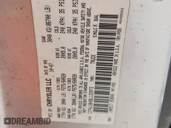 2008 Dodge 1500 SLT with VIN 1D7HU18N98J122073, listed as a Copart auction lot 81735685 with 256,726 mi miles and Clean title. Bid and sale history available at DreamBid. Image 12.