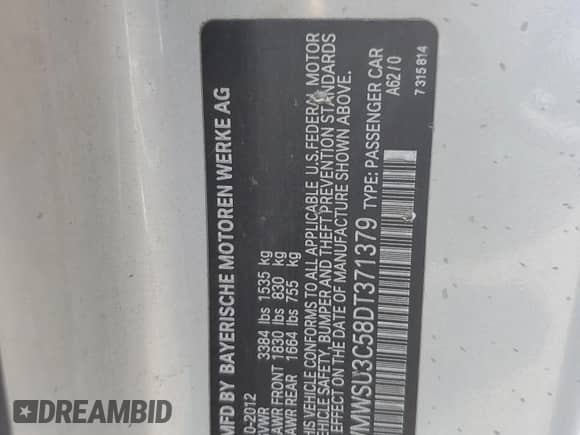 2013 MINI Hardtop with VIN WMWSU3C58DT371379, listed as a Copart auction lot 59606005 with 59,901 mi miles and Salvage title. Bid and sale history available at DreamBid. Image 13.