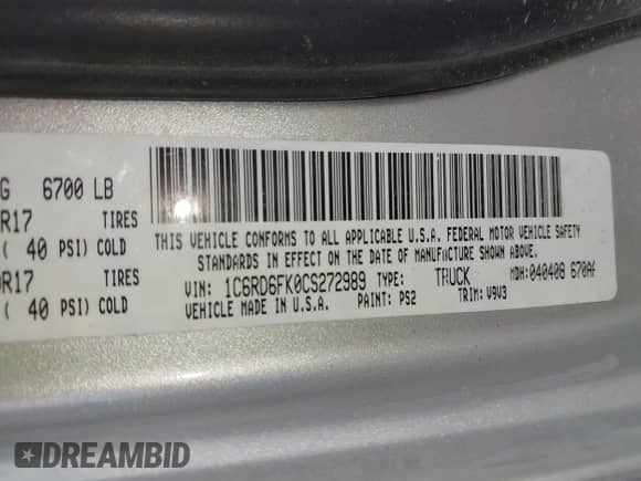 2012 Ram 1500 ST with VIN 1C6RD6FK0CS272989, listed as a IAAI auction lot 43437263 with 149,591 mi miles and . Bid and sale history available at DreamBid. Image 9.