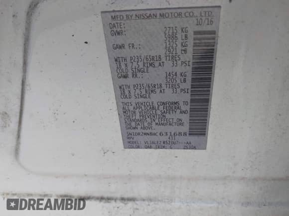 2017 Nissan Pathfinder S z VIN 5N1DR2MN8HC631688, wystawiony jako IAAI lot #43480327 z przebiegiem 242 414 mil mil oraz . Historia ofert i sprzedaży dostępna na DreamBid. Obrazek 9.