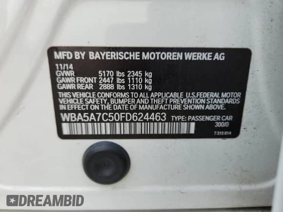 2015 BMW 5 Series 528i xDrive with VIN WBA5A7C50FD624463, listed as a Copart auction lot 67506955 with 108,323 mi miles and Salvage title. Bid and sale history available at DreamBid. Image 13.