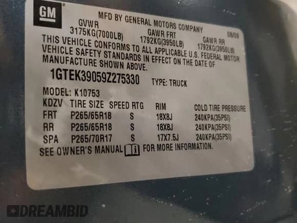 2009 GMC Sierra 1500 SLT with VIN 1GTEK39059Z275330, listed as a Copart auction lot 86161914 with 167,920 mi miles and Clean title. Bid and sale history available at DreamBid. Image 12.