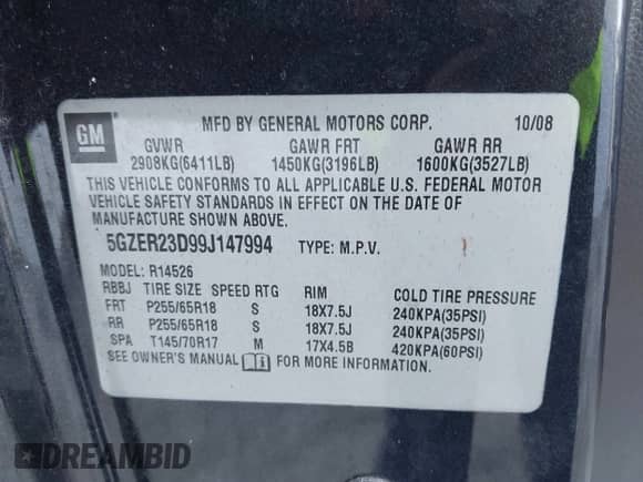2009 Saturn Outlook XR с VIN 5GZER23D99J147994, выставлен на аукционе IAAI как лот 42468856 с пробегом Не указан миль и . История ставок и продаж доступна на DreamBid. Изображение 9.