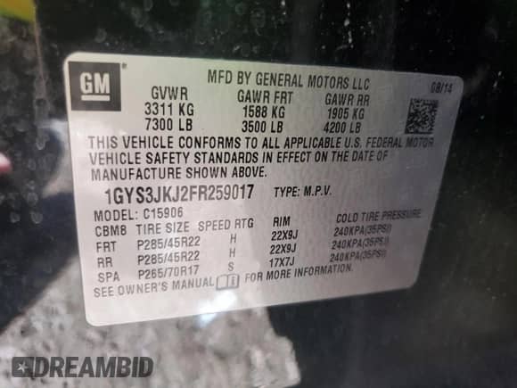 2015 Cadillac Escalade ESV Premium с VIN 1GYS3JKJ2FR259017, выставлен на аукционе Copart как лот 61683345 с пробегом 142 210 миль миль и Списание • Salvage title. История ставок и продаж доступна на DreamBid. Изображение 13.