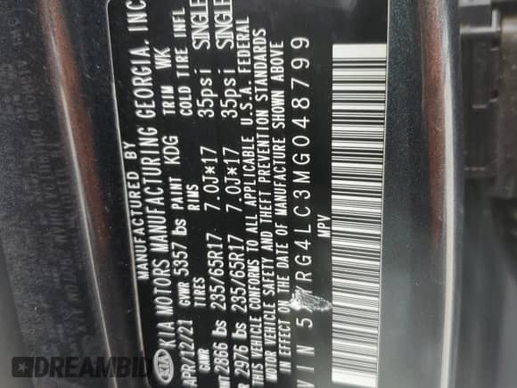 2021 Kia Sorento LX with VIN 5XYRG4LC3MG048799, listed as a Copart auction lot 59177745 with 100,711 mi miles and Salvage title. Bid and sale history available at DreamBid. Image 12.