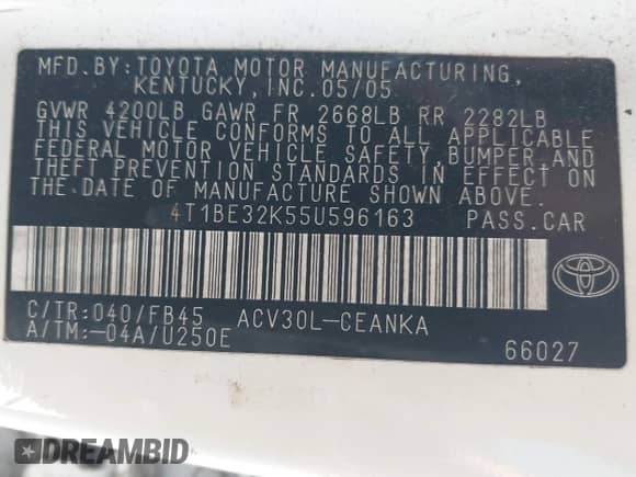 2005 Toyota Camry LE с VIN 4T1BE32K55U596163, выставлен на аукционе IAAI как лот 43443798 с пробегом 222 568 миль миль и . История ставок и продаж доступна на DreamBid. Изображение 9.