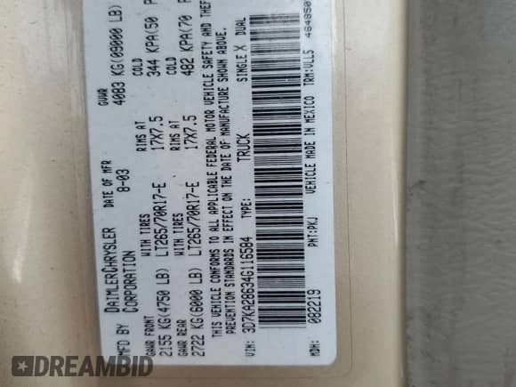 2004 Dodge 2500 SLT with VIN 3D7KA28634G116584, listed as a Copart auction lot 50638925 with Not provided miles and Salvage title. Bid and sale history available at DreamBid. Image 13.