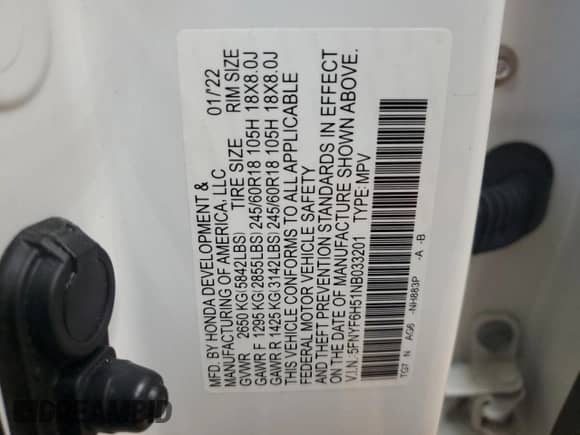 2022 Honda Pilot EX-L with VIN 5FNYF6H51NB033201, listed as a Copart auction lot 66617825 with 62,310 mi miles and Salvage title. Bid and sale history available at DreamBid. Image 13.