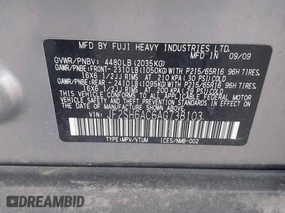 2010 Subaru Forester X z VIN JF2SH6AC6AG738103, wystawiony jako IAAI lot #42377334 z przebiegiem 201 332 mil mil oraz . Historia ofert i sprzedaży dostępna na DreamBid. Obrazek 9.
