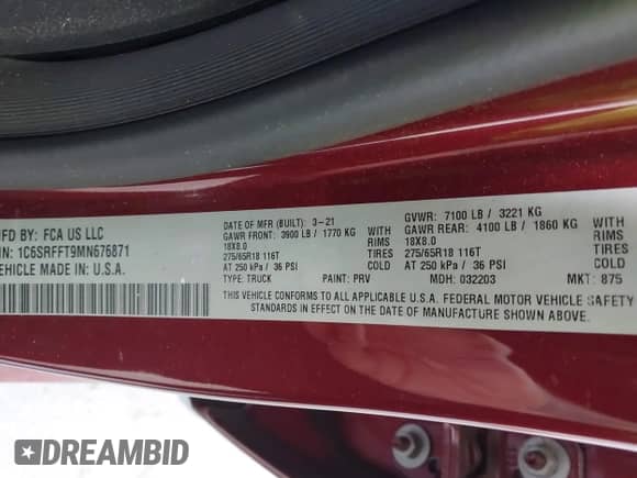 2021 Ram 1500 Lone Star z VIN 1C6SRFFT9MN676871, wystawiony jako IAAI lot #42344073 z przebiegiem 38 160 mil mil oraz . Historia ofert i sprzedaży dostępna na DreamBid. Obrazek 9.