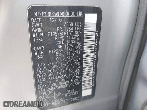 2011 Nissan Cube SL with VIN JN8AZ2KR2BT205729, listed as a IAAI auction lot 42028429 with 98,694 mi miles and . Bid and sale history available at DreamBid. Image 9.