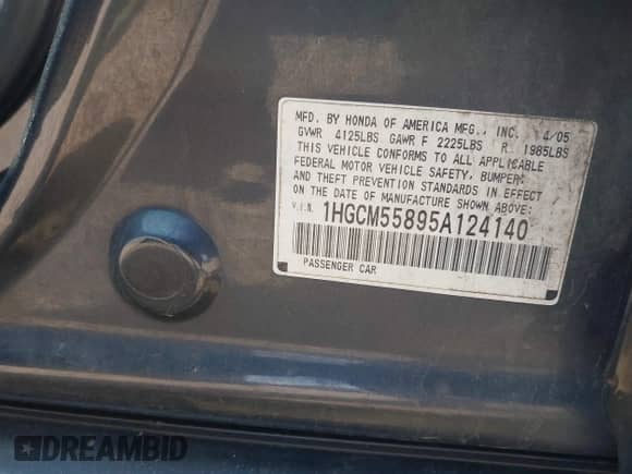 2005 Honda Accord EX-L with VIN 1HGCM55895A124140, listed as a IAAI auction lot 42648032 with 232,119 mi miles and . Bid and sale history available at DreamBid. Image 9.