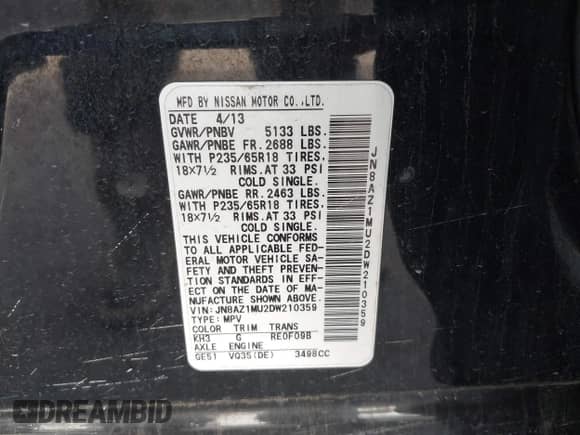 2013 Nissan Murano LE with VIN JN8AZ1MU2DW210359, listed as a IAAI auction lot 42257534 with 221,149 mi miles and . Bid and sale history available at DreamBid. Image 9.