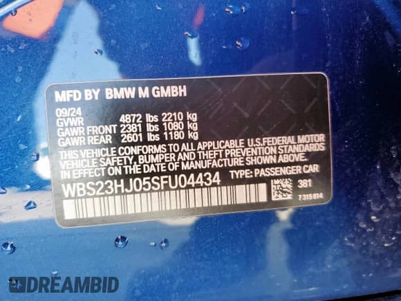 2025 BMW M3 z VIN WBS23HJ05SFU04434, wystawiony jako Copart lot #50056105 z przebiegiem 3 766 mil mil oraz Szkoda całkowita • Salvage title. Historia ofert i sprzedaży dostępna na DreamBid. Obrazek 13.