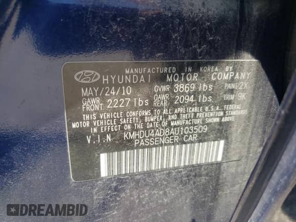 2010 Hyundai Elantra Blue z VIN KMHDU4AD8AU103509, wystawiony jako Copart lot #70027595 z przebiegiem 178 404 mil mil oraz Szkoda całkowita • Salvage title. Historia ofert i sprzedaży dostępna na DreamBid. Obrazek 12.