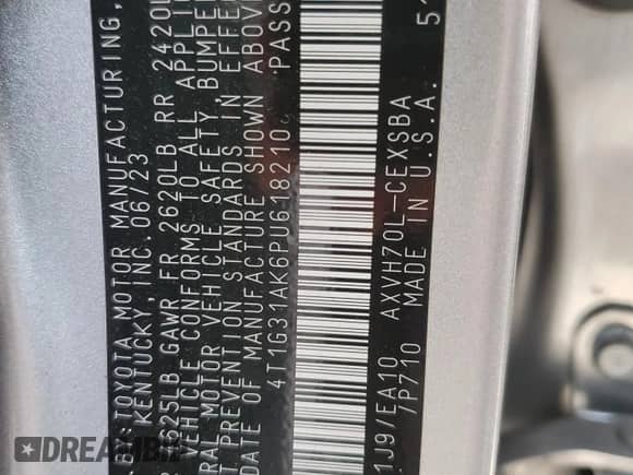 2023 Toyota Camry Hybrid SE with VIN 4T1G31AK6PU618210, listed as a Copart auction lot 64641305 with 21,685 mi miles and Salvage title. Bid and sale history available at DreamBid. Image 12.