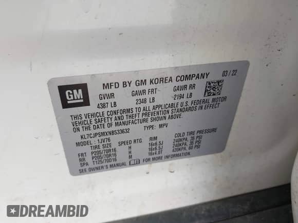 2022 Chevrolet Trax LT with VIN KL7CJPSMXNB533632, listed as a IAAI auction lot 42976616 with 58,869 mi miles and . Bid and sale history available at DreamBid. Image 9.