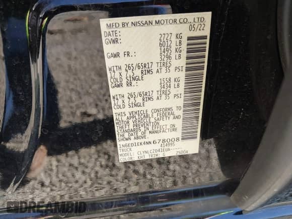 2022 Nissan Frontier SV with VIN 1N6ED1EK4NN678008, listed as a IAAI auction lot 43252870 with 43,682 mi miles and . Bid and sale history available at DreamBid. Image 9.