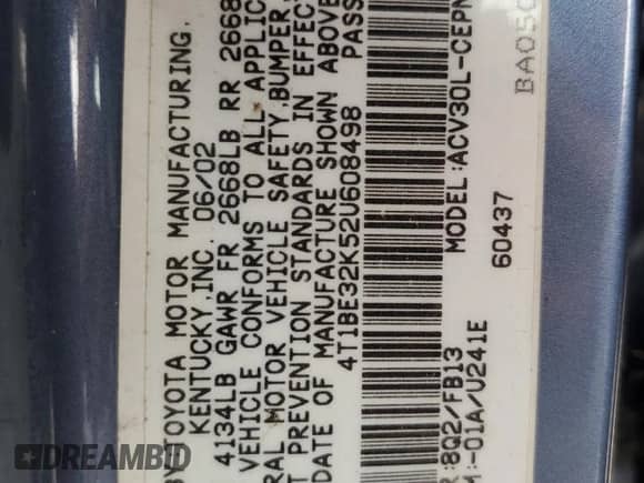 2002 Toyota Camry LE z VIN 4T1BE32K52U608498, wystawiony jako Copart lot #67666465 z przebiegiem 154 349 mil mil oraz Nie do naprawy • Non repairable. Historia ofert i sprzedaży dostępna na DreamBid. Obrazek 12.