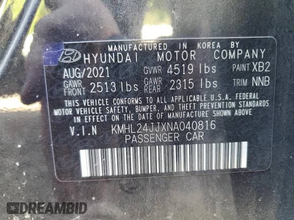 2022 Hyundai Sonata Blue с VIN KMHL24JJXNA040816, выставлен на аукционе Copart как лот 70625775 с пробегом 37 599 миль миль и Списание • Salvage title. История ставок и продаж доступна на DreamBid. Изображение 13.