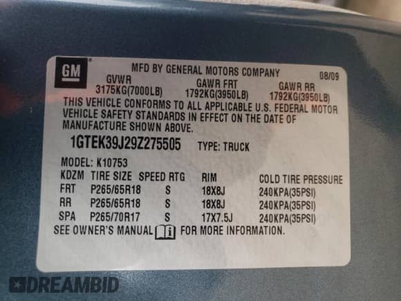 2009 GMC Sierra 1500 SLT z VIN 1GTEK39J29Z275505, wystawiony jako Copart lot #85850484 z przebiegiem 217 877 mil mil oraz Szkoda całkowita • Salvage title. Historia ofert i sprzedaży dostępna na DreamBid. Obrazek 12.