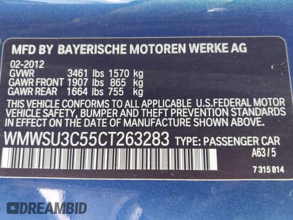 2012 MINI Hardtop with VIN WMWSU3C55CT263283, listed as a IAAI auction lot 42538787 with 55,312 mi miles and . Bid and sale history available at DreamBid. Image 9.