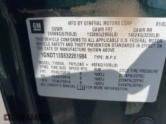 2003 Chevrolet TrailBlazer LTZ с VIN 1GNDT13S632261984, выставлен на аукционе IAAI как лот 42055397 с пробегом 203 661 миль миль и . История ставок и продаж доступна на DreamBid. Изображение 9.
