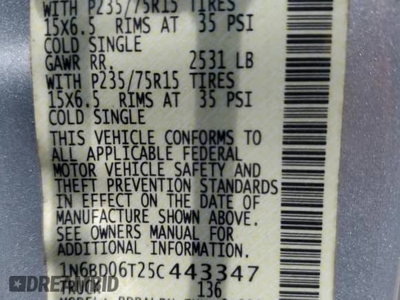2005 Nissan Frontier XE with VIN 1N6BD06T25C443347, listed as a Copart auction lot 65627085 with 122,079 mi miles and Salvage title. Bid and sale history available at DreamBid. Image 12.
